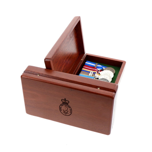 Beautiful Jarrah medal box with room for up to 10 court mounted medals. Laser engraved on the lid with the Navy Crest