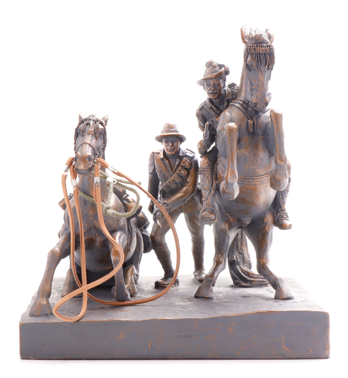 This stunning cold cast bronze figurine honours the bonds of the Desert Mounted Corps of Australian and New Zealand soldiers who died in service or were killed in action in Egypt, Palestine and Syria during World War One. This mid-size figurine is a sensational version of the commonly titled Light Horse Memorial found on Anzac Parade, Canberra. www.defenceqstore.com.au