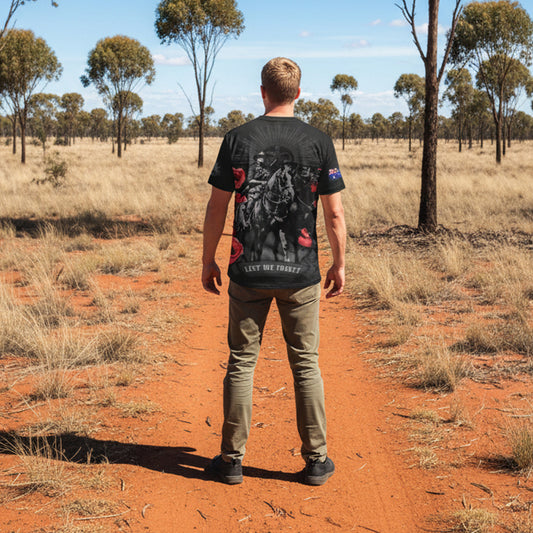Honour Australia's legendary Light Horse with this striking poppy tribute tee. Crafted from breathable 100% polyester, it's designed for comfort whether you're wearing it casually or as a meaningful statement piece. Perfect for those who value our military heritage and want to keep that proud legacy visible every day. www.defenceqstore.com.au