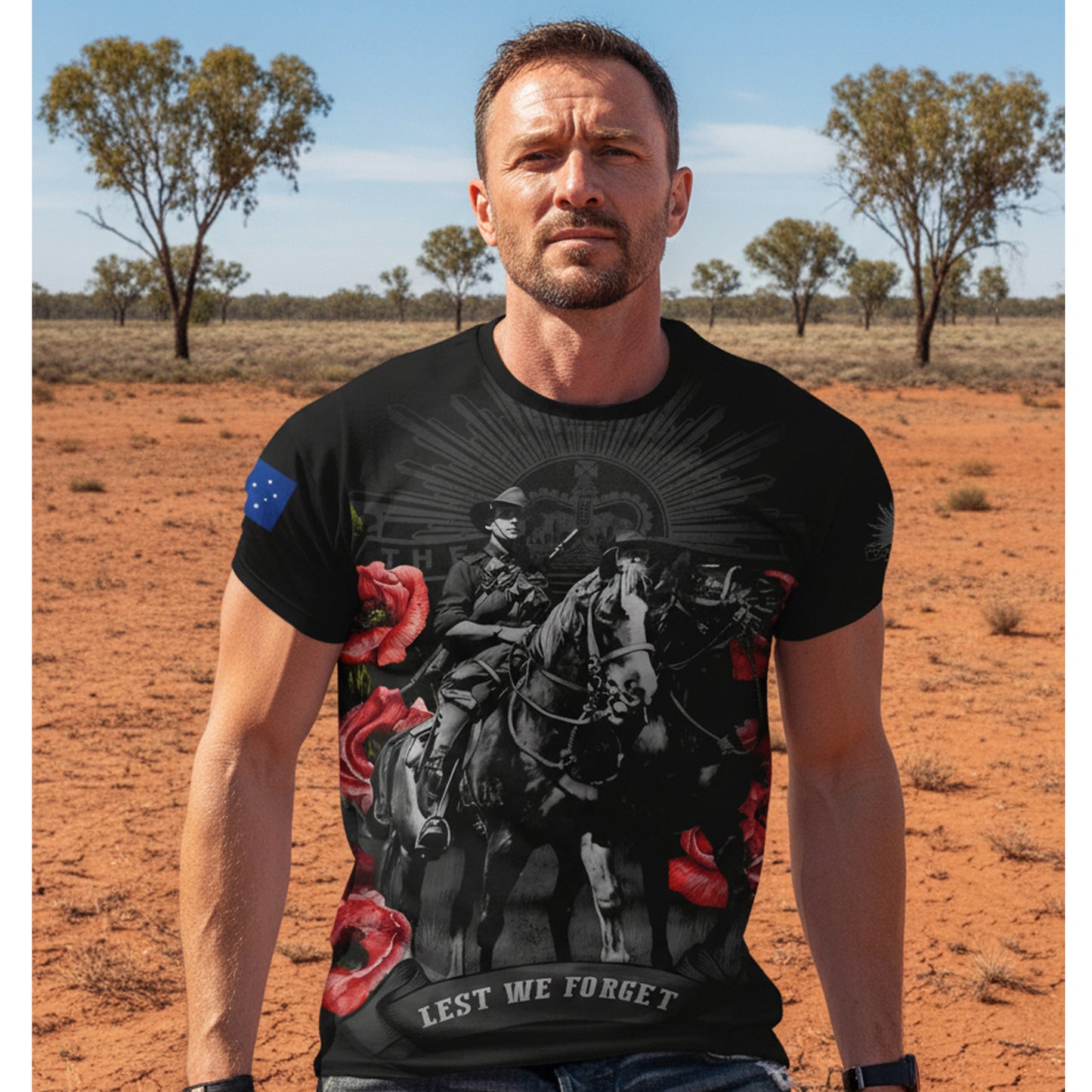 Honour Australia's legendary Light Horse with this striking poppy tribute tee. Crafted from breathable 100% polyester, it's designed for comfort whether you're wearing it casually or as a meaningful statement piece. Perfect for those who value our military heritage and want to keep that proud legacy visible every day. www.defenceqstore.com.au