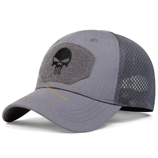 Experience the ultimate in style and comfort with our Military Punisher Cap in sleek black. One size fits all with adjustable velcro straps, and the lightweight fabric ensures all-day wearability. www.defenceqstore.com.au