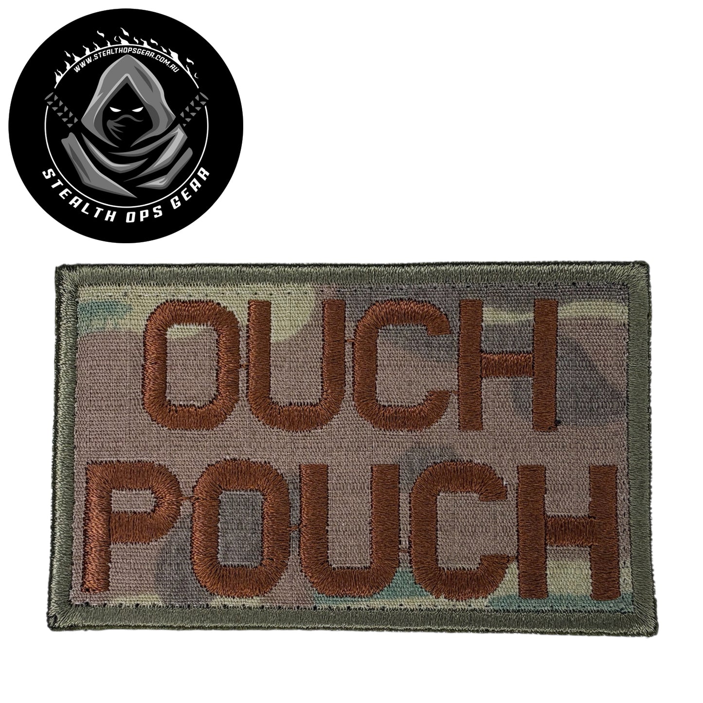 The Ouch Pouch Multicam Brown Thread Embroidery Morale Patch&nbsp;, measuring 8x5cm, is a striking and durable addition to personalize your gear with style and toughness. Crafted with high-quality embroidery, this patch features a versatile Multicam pattern that blends seamlessly with various tactical and outdoor equipment. www.defenceqstore.com.au