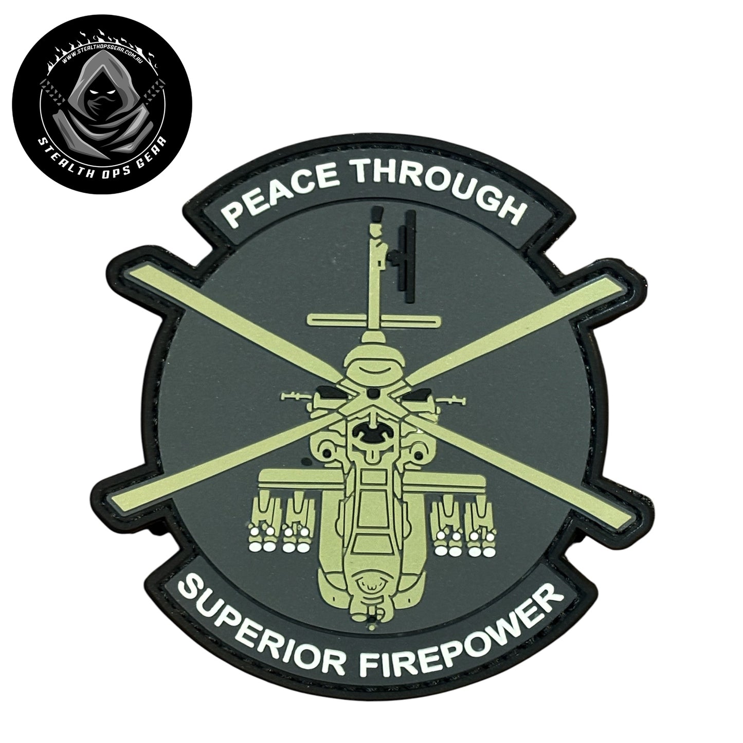Peace Through Firepower PVC Morale Patch by Stealth Ops Gear. This bold PVC morale patch delivers attitude and authenticity to your tactical gear, backpack, or everyday carry. At 9x9cm, it's sized perfectly for visibility without overwhelming your setup.  www.defenceqstore.com.au