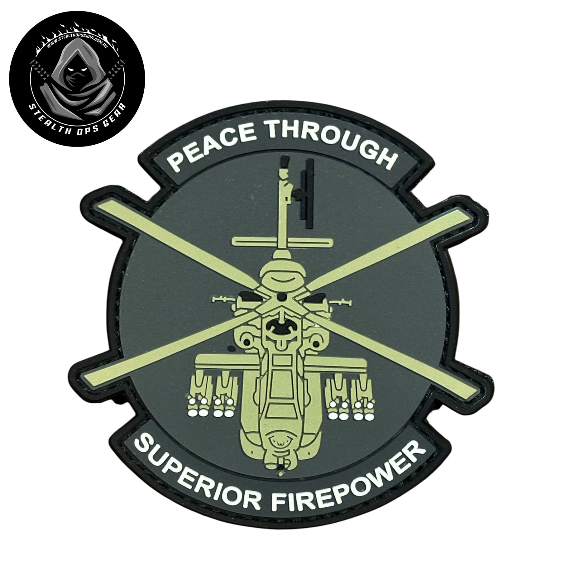 Peace Through Firepower PVC Morale Patch by Stealth Ops Gear. This bold PVC morale patch delivers attitude and authenticity to your tactical gear, backpack, or everyday carry. At 9x9cm, it's sized perfectly for visibility without overwhelming your setup.  www.defenceqstore.com.au