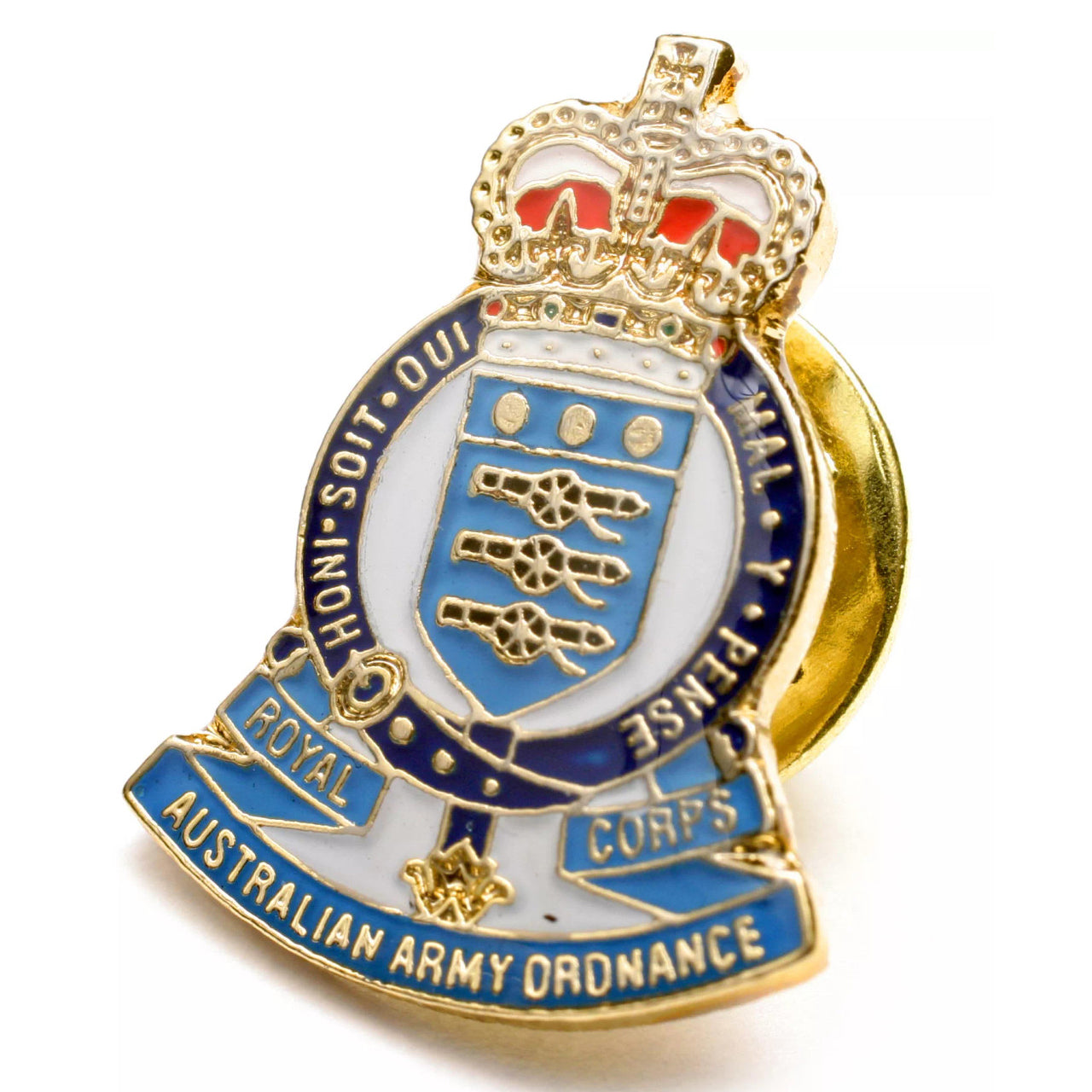 The Royal Australian Army Ordnance Corps (RAAOC) 20mm full-colour enamel lapel pin. This beautiful gold-plated lapel pin will look great on both your jacket and your cap. www.defenceqstore.com.au