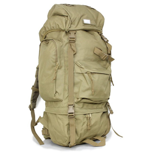 Large backpack with many pockets and lots of support, entails a built-in raincoat for the bag, waist support band with pockets and padding, completely adjustable bag with extra padding to protect back. Many pockets zip shut with buckle clips to secure everything. This bag will fit anything needed for your bushwalks, hunting, camping etc. military inspired multi-purpose backpack. www.defenceqstore.com.au