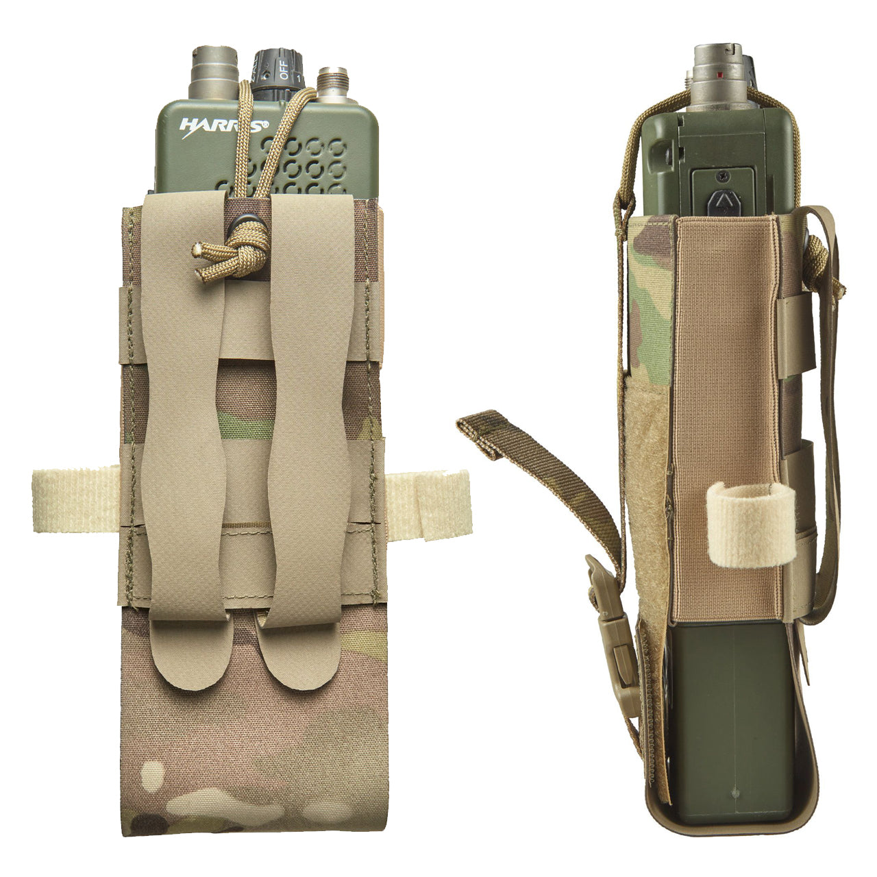 This pouch has been designed securely hold AN/PRC-152 Multiband Handheld Radio with or without GPS module. The pouch can be adjusted in height for when the user is operating with a battery splitter. www.defenceqstore.com.au side and rear view