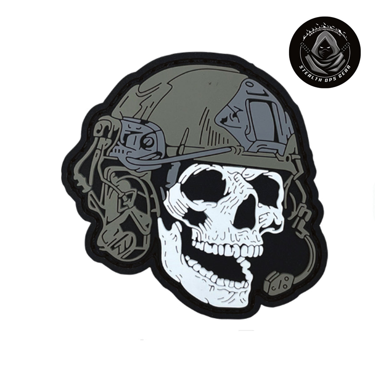 Pilot Skull Morale Patch PVC - Stealth Ops Gear. This bold PVC morale patch delivers attitude and authenticity to your tactical gear, backpack, or everyday carry. At 7x7cm, it's sized perfectly for visibility without overwhelming your setup.  www.defenceqstore.com.au