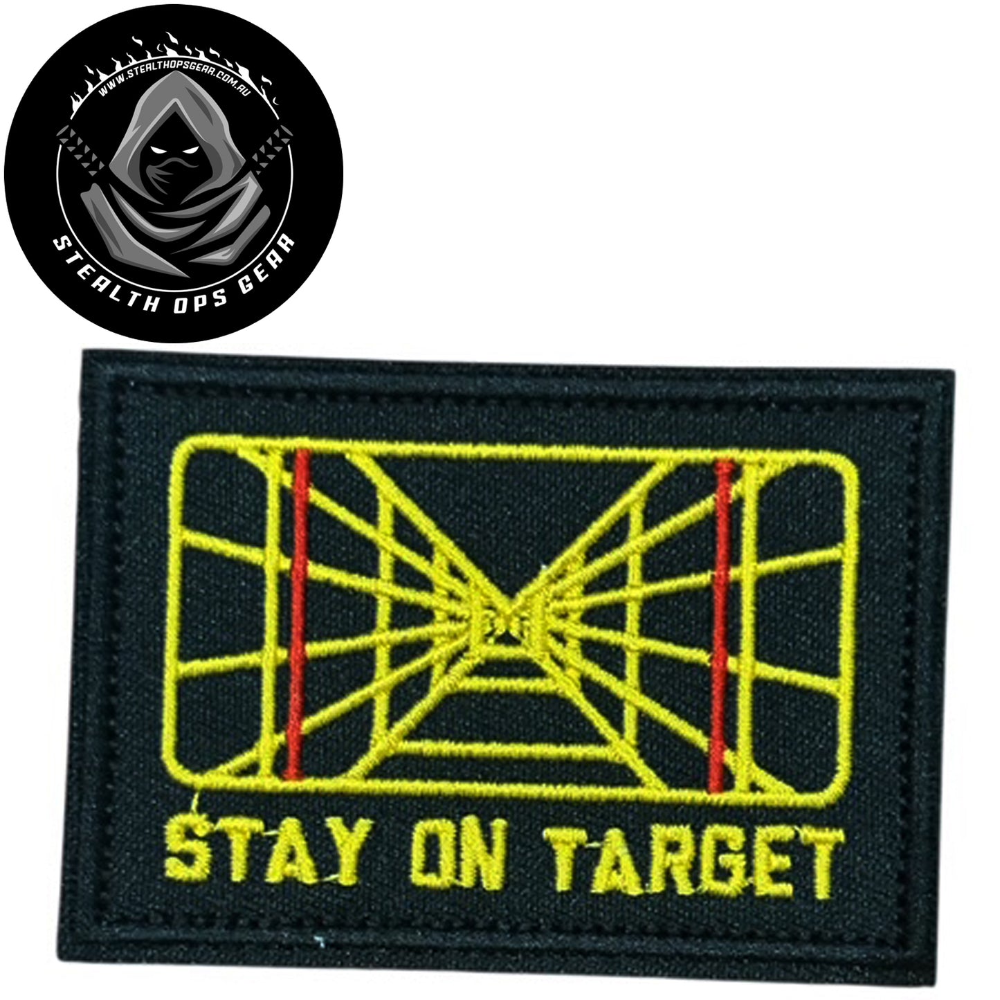 Stay On Target Screen Embroidery Morale Patch - Stealth Ops Gear, measuring 8x5.5cm, is a striking and durable addition to personalize your gear with style and toughness. www.defenceqstore.com.au