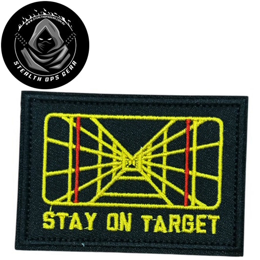 Stay On Target Screen Embroidery Morale Patch - Stealth Ops Gear, measuring 8x5.5cm, is a striking and durable addition to personalize your gear with style and toughness. www.defenceqstore.com.au