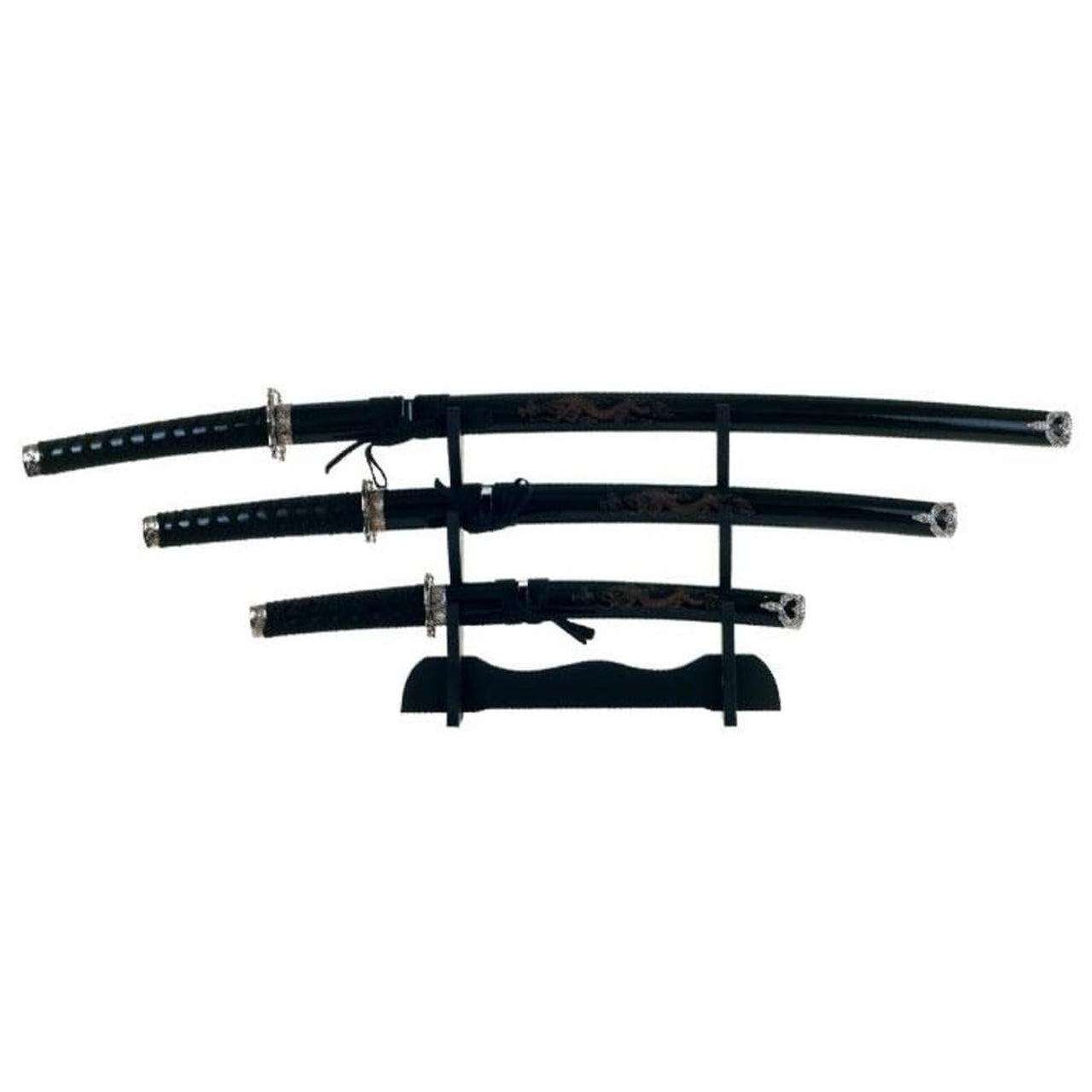 Three piece sword set with wood display stand 100cm katana sword 80cm wakizashi sword 54cm tanto sword Display stand constructed of black wood Will not ship to Victoria Please note image for illustration purposes only, no dragon design on scabbard www.defenceqstore.com.au