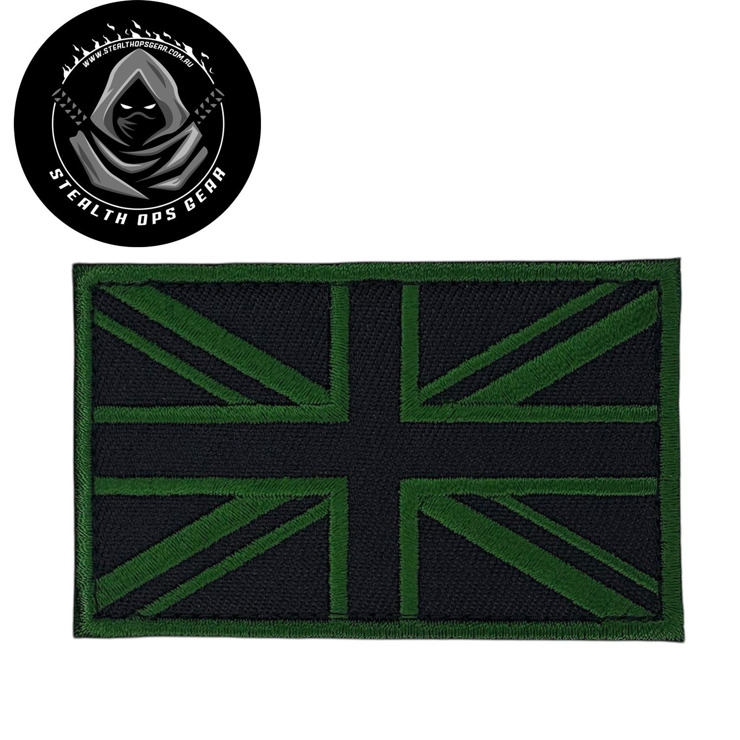 UK Black &amp; Green Thread Embroidery Morale Patch - Stealth Ops Gear, measuring 8x5cm, is a striking and durable addition to personalize your gear with style and toughness. Crafted with high-quality embroidery, this patch features a versatile pattern that blends seamlessly with various tactical and outdoor equipment. www.defenceqstore.com.au