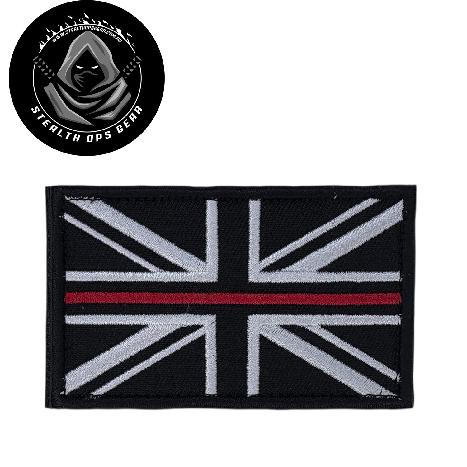 UK Thin Red Line Embroidery Morale Patch - Stealth Ops Gear, measuring 8x5cm, is a striking and durable addition to personalize your gear with style and toughness. Crafted with high-quality embroidery, this patch features a versatile pattern that blends seamlessly with various tactical and outdoor equipment. www.defenceqstore.com.au