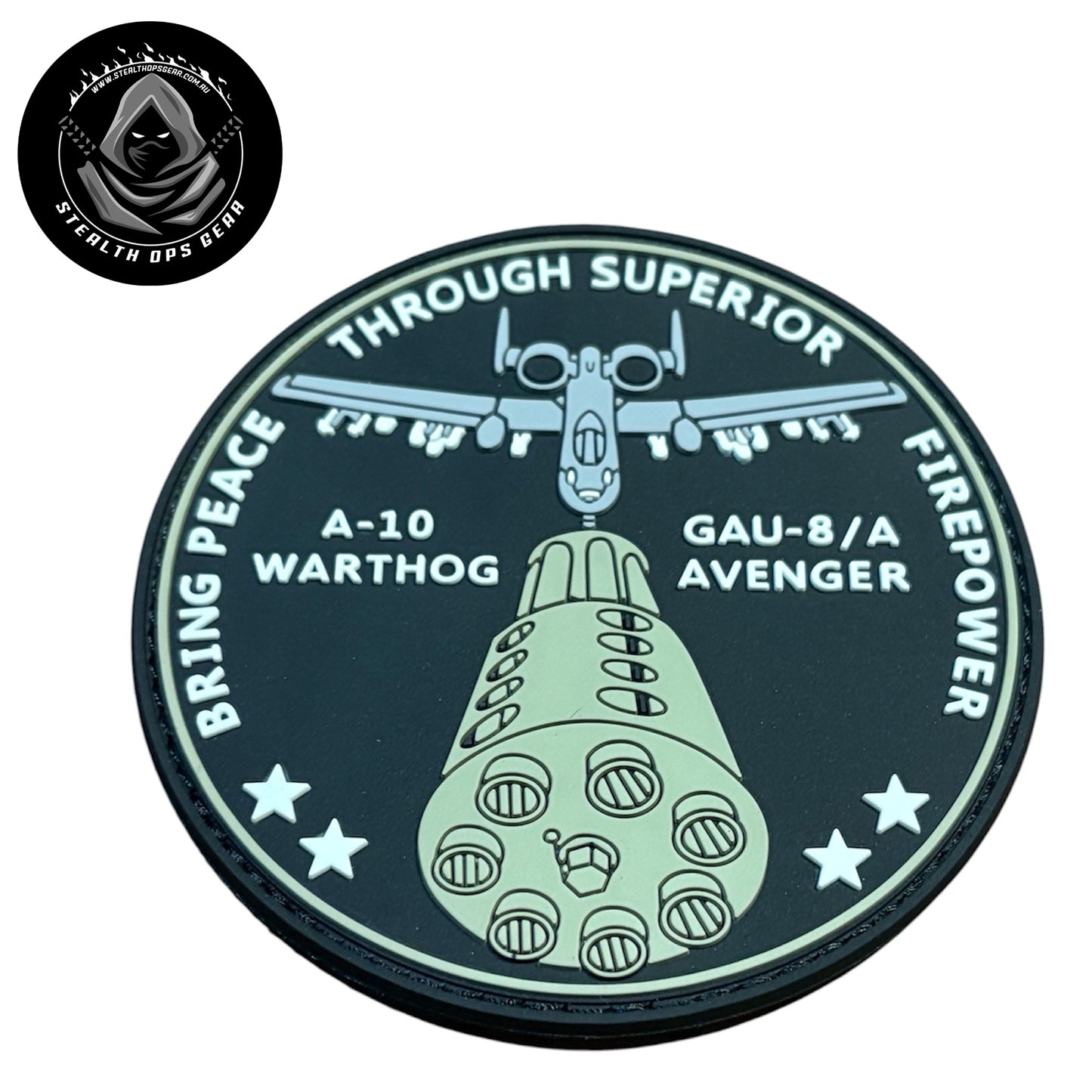 A-10 Warthog Peace Through Firepower PVC Morale Patch - Stealth Ops Gear. This bold PVC morale patch delivers attitude and authenticity to your tactical gear, backpack, or everyday carry. www.defenceqstore.com.au