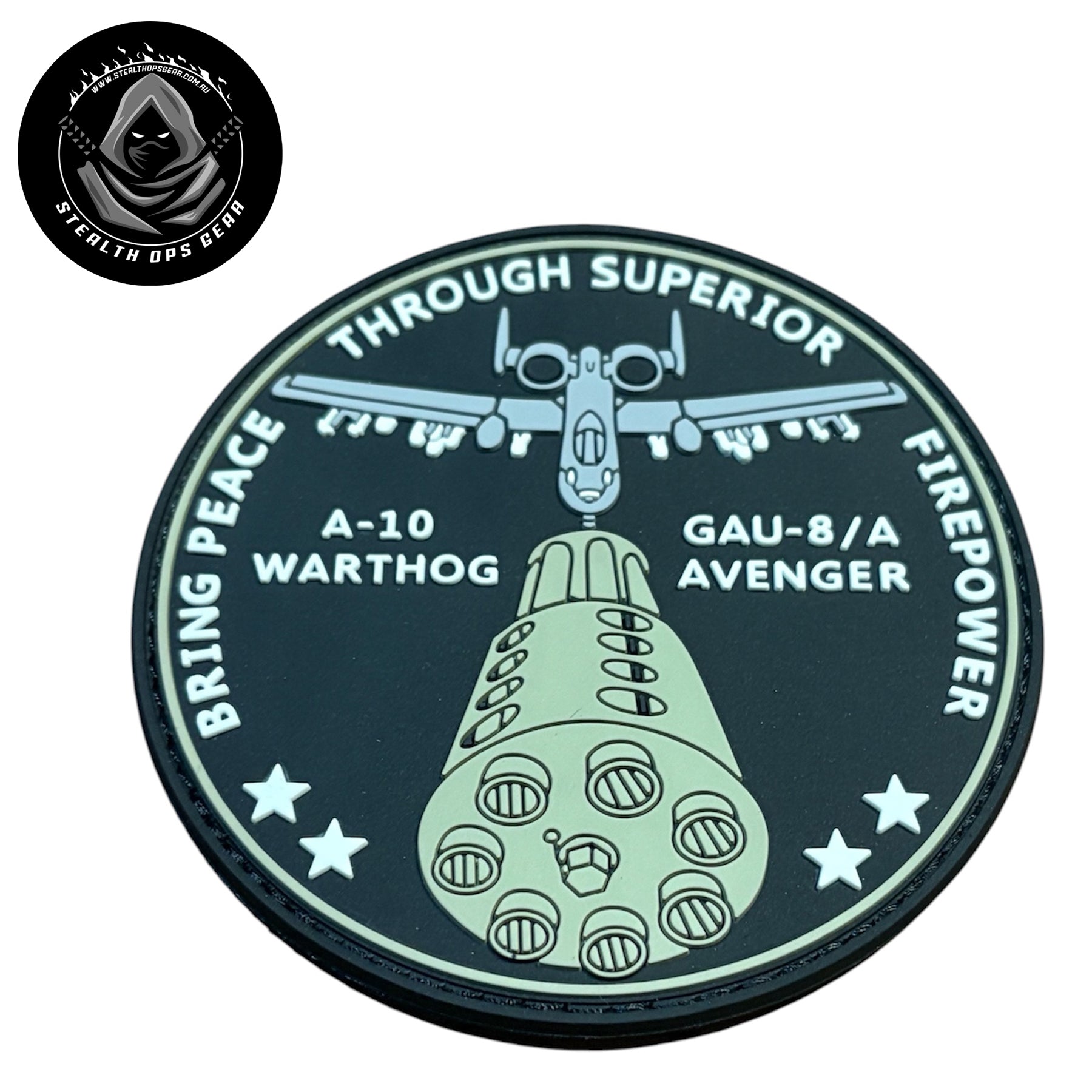 A-10 Warthog Peace Through Firepower PVC Morale Patch - Stealth Ops Gear. This bold PVC morale patch delivers attitude and authenticity to your tactical gear, backpack, or everyday carry. www.defenceqstore.com.au