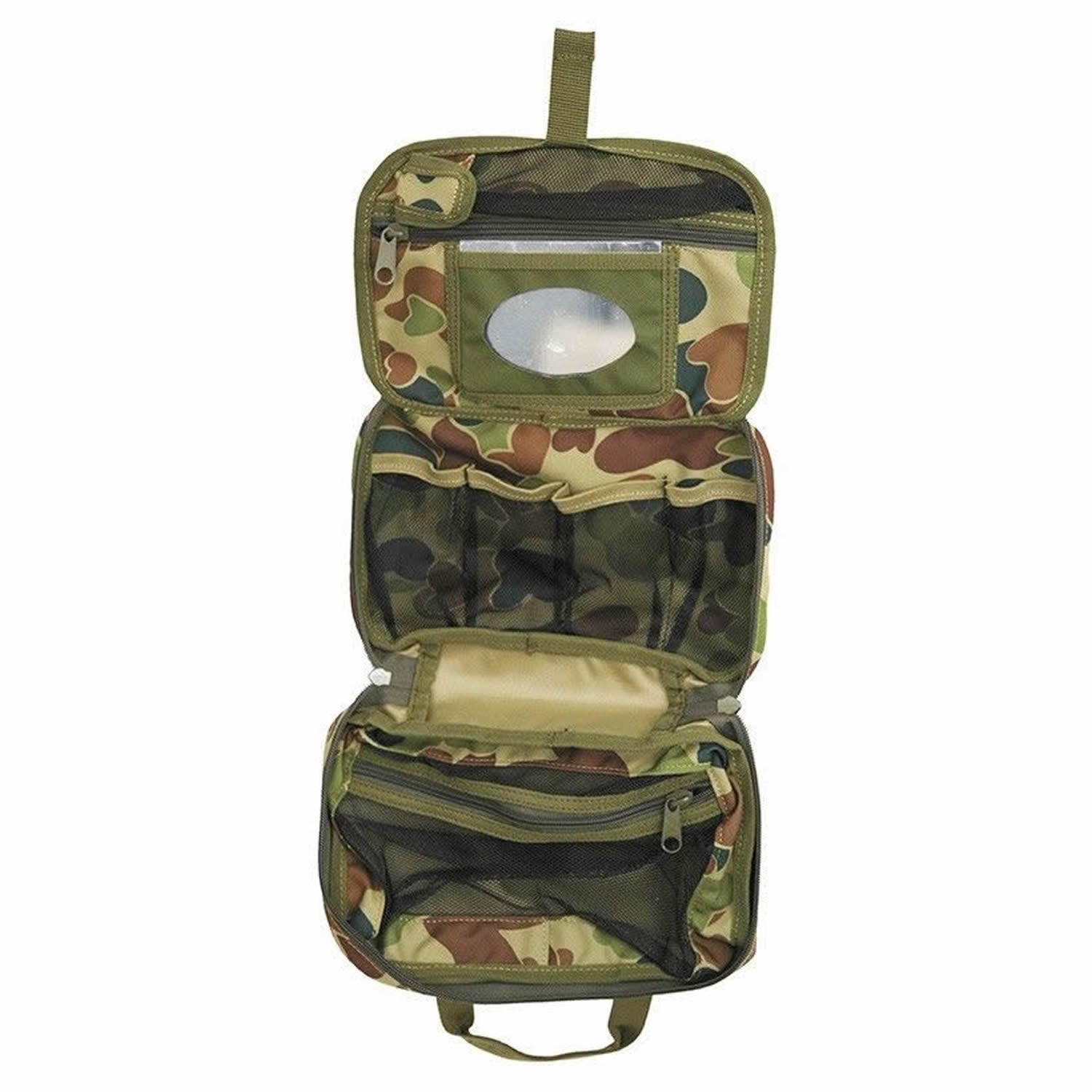 Great for military, cadets, camping and hiking to keep all your personal hygiene requirements together in one pouch  It folds up into a small pouch for travel and storage and can be hung vertically on a tree branch or hootchie cord when in the field so this way you can use the mirror when shaving or putting camo paint on.