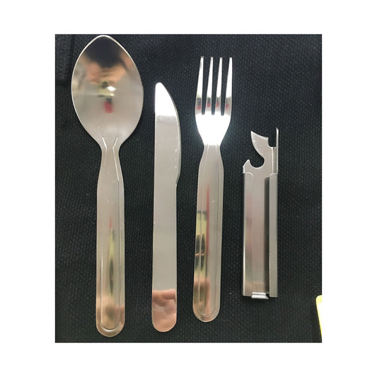 The 4 in 1 chow kit is the perfect lightweight camping, travel, military use, hiking or motorcycle companion.  Quality stainless steel knife, fork, spoon and can opener set stays connected with a sliding design.  Features:  Stainless steel construction  Knife, fork and spoon  Can and bottle opener