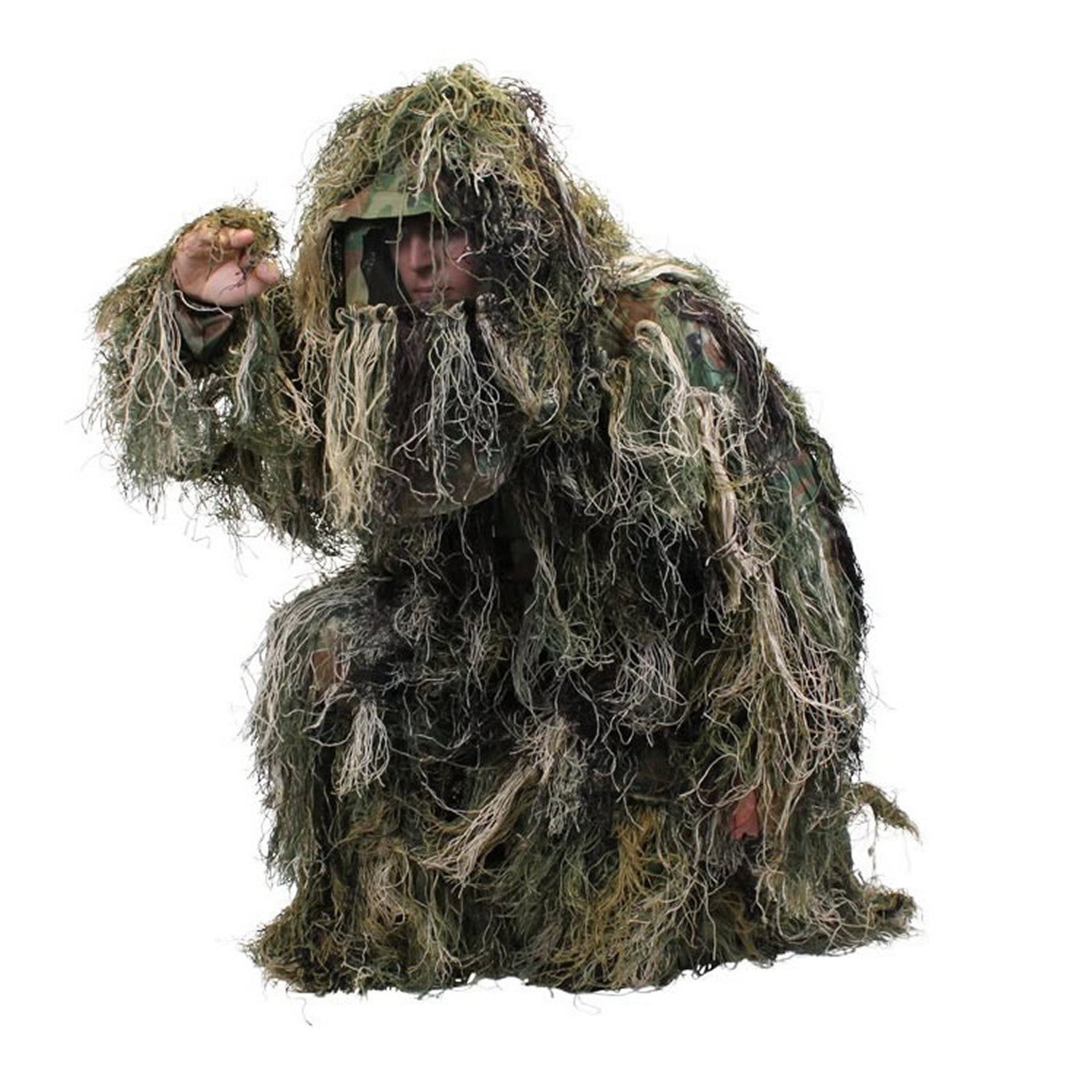 Ghillie suits are a full body camouflage solution for blending in with the natural environment in the field or out hunting.  Ghillie suits are used by snipers but in the civilian environment used by hunters, paintballers and gel blaster players.  Also a great item to have for your bug out bag for preppers, if anything goes wrong you can throw on this suit and hide out in nature.