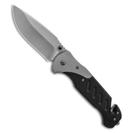 Add a reliable EDC folder to your rotation with the Ka-Bar Coypu folder. This model is outfitted with a gray coated drop point blade and a black G-10 handle with stainless steel bolsters. A thumb stud and swedge add style and functionality to the blade. The G-10 handle offers comfortable ergonomics and an open flow-through design. Item includes a stainless steel pocket clip, seat belt cutter, and glass breaker tip. www.defenceqstore.com.au