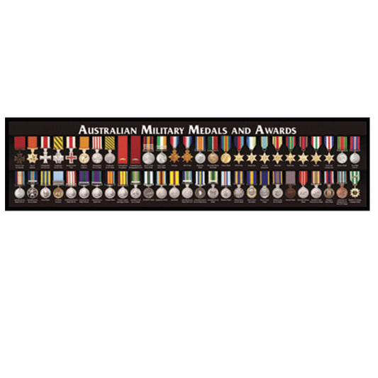 The stunning new Medal bar runner features full colour printed representations of the current Australian Military Medals and Awards. The medals featured range from Boer War campaign medals up to current operations. This high quality bar runner will be a perfect addition to any club or just your bar at home. The bar runner has rubber backing and the dimensions are 890x250mm.