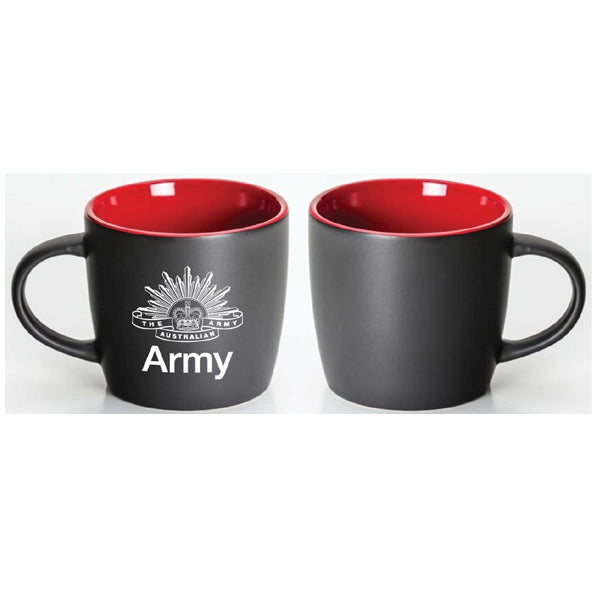 Give your morning brew an extra kick with this matt-finish mug with red glaze inner and Rising Sun badge.