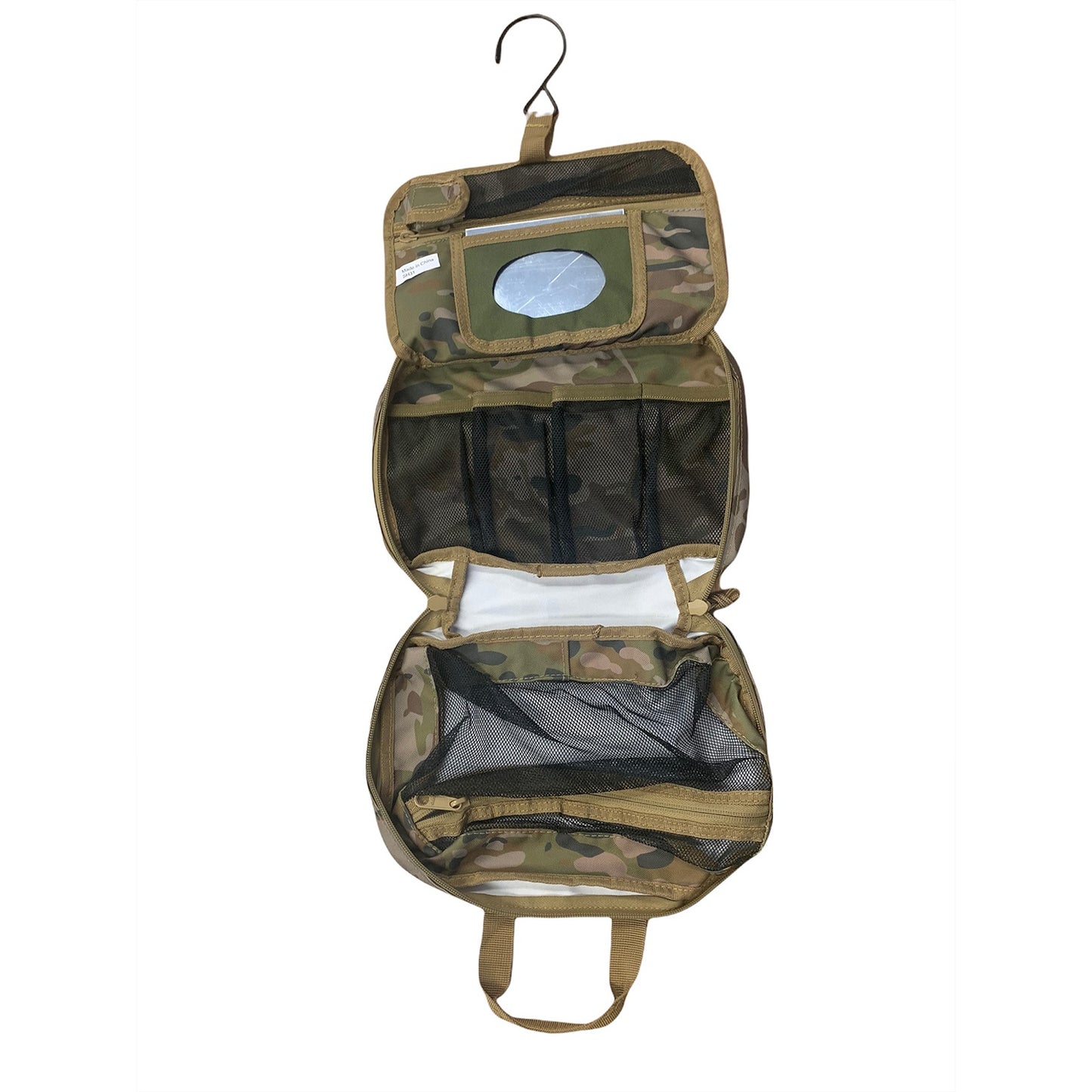 Great for military, cadets, camping and hiking to keep all your personal hygiene requirements together in one pouch  It folds up into a small pouch for travel and storage and can be hung vertically on a tree branch or hootchie cord when in the field so this way you can use the mirror when shaving or putting camo paint on.