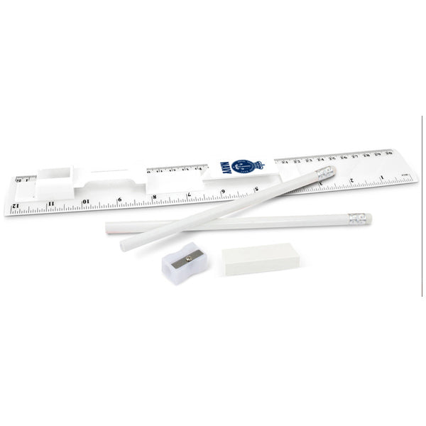 Navy branded stationery set which consists of a 30cm ruler, two unsharpened pencils, a pencil sharpener and an eraser in one compact unit. The ruler has both metric and imperial graduations. Fabulous and functional event promotional gift, great for kids