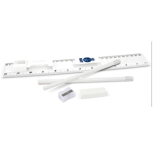 Navy branded stationery set which consists of a 30cm ruler, two unsharpened pencils, a pencil sharpener and an eraser in one compact unit. The ruler has both metric and imperial graduations. Fabulous and functional event promotional gift, great for kids