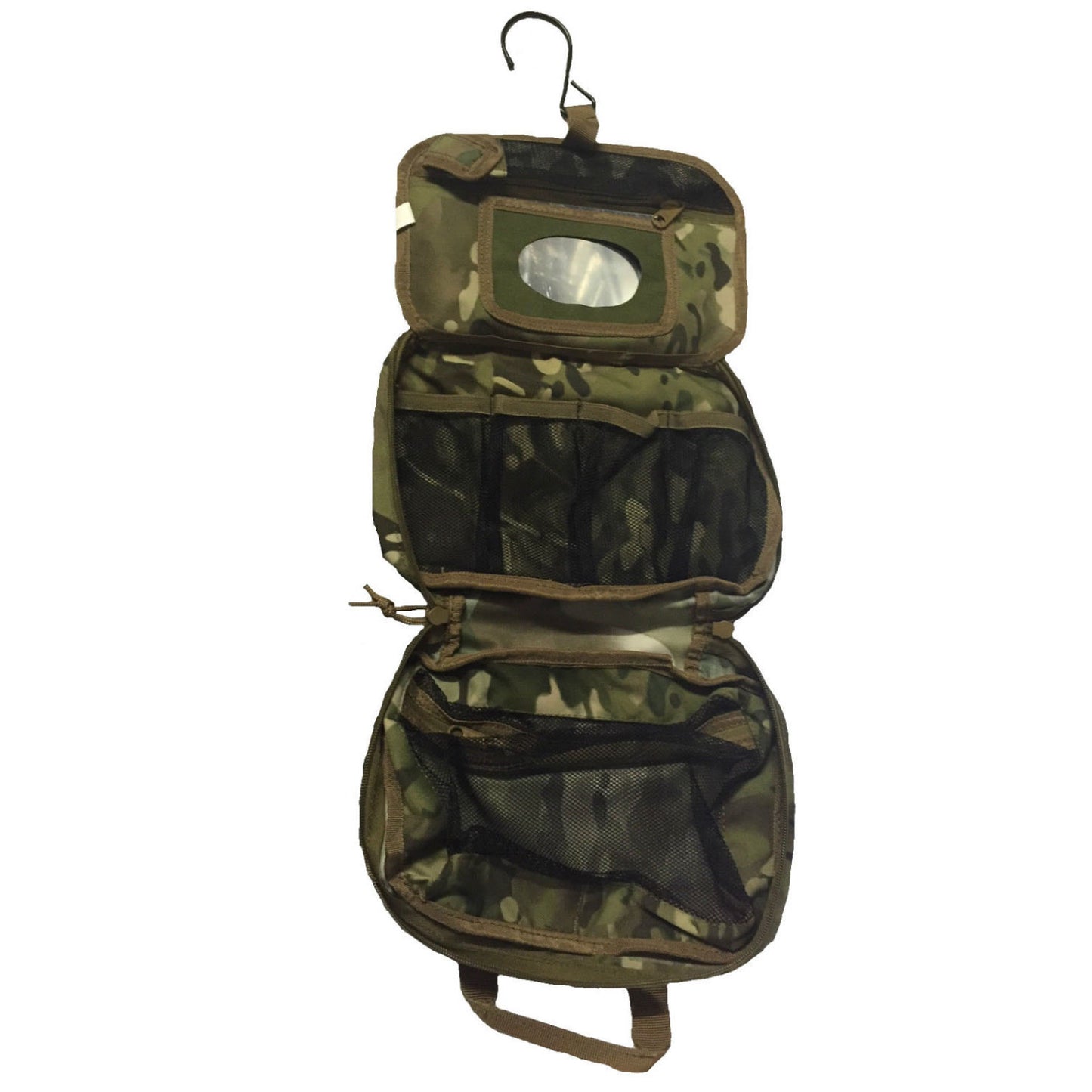 Great for military, cadets, camping and hiking to keep all your personal hygiene requirements together in one pouch  It folds up into a small pouch for travel and storage and can be hung vertically on a tree branch or hootchie cord when in the field so this way you can use the mirror when shaving or putting camo paint on.