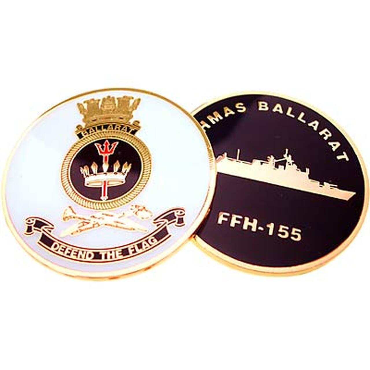 HMAS Ballarat medallion. This spectacular 48mm full colour enamel medallion with the ships crest on the front and ships profile on the revers, will start conversations wherever you show it or hand it out.