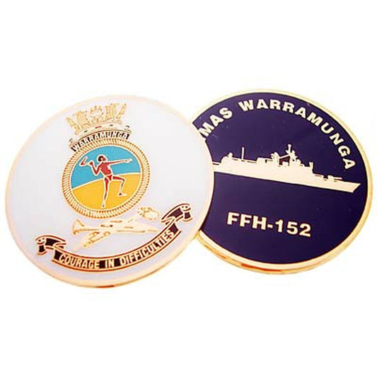 HMAS Warramunga medallion. This spectacular 48mm full colour enamel medallion with the ships crest on the front and ships profile on the revers, will start conversations wherever you show it or hand it out.