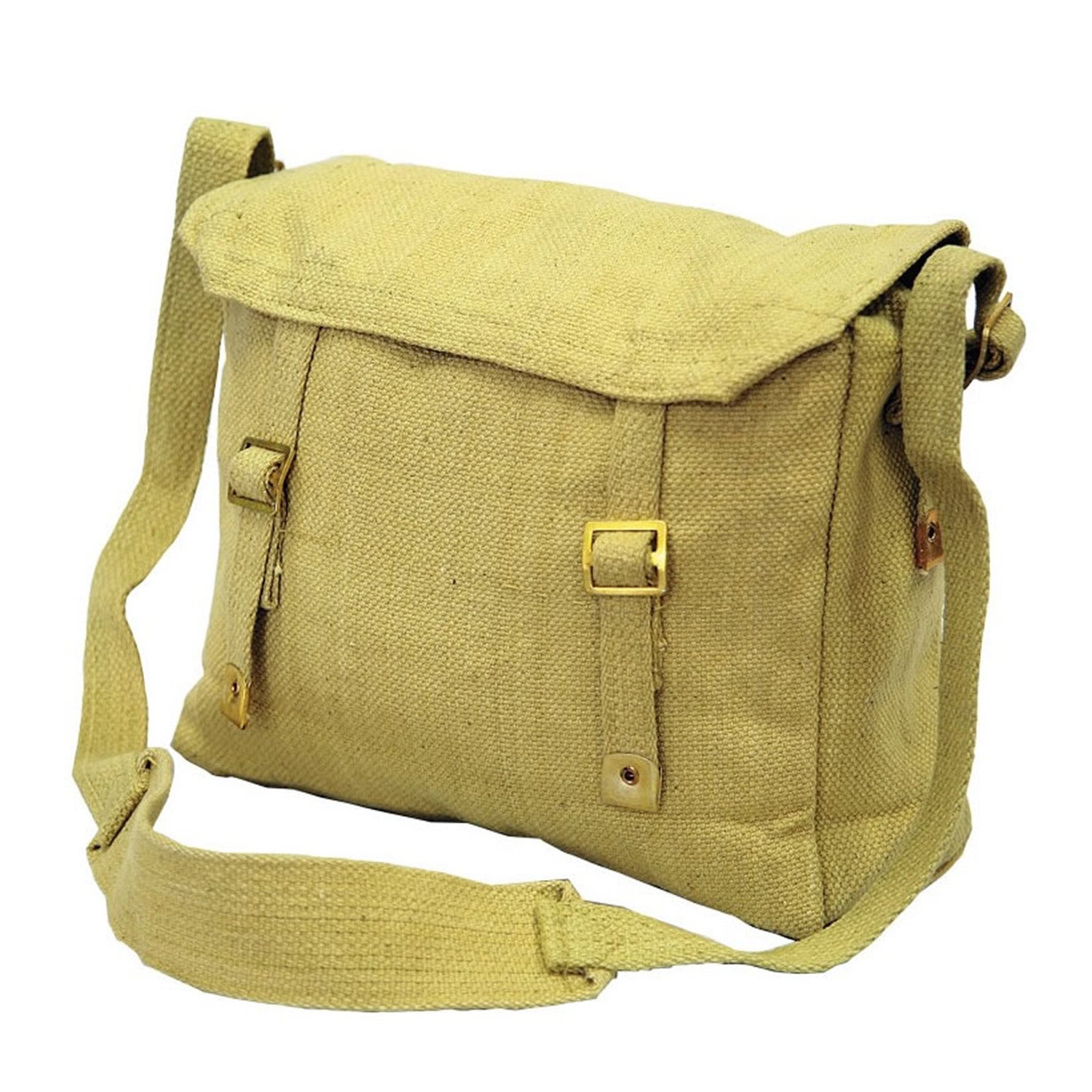 Made from heavy duty cotton canvas  Brass buckles and fittings  Adjustable shoulder straps and closure  Lightweight and compact