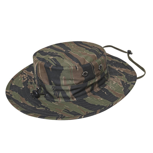 Rothco Adjustable Boonie Hat Tiger Stripe Camo Military Style Cap Offers Unbeatable Sun Protection, While Four Screened Side Vents On The Boonie Cap Offer Optimal Cooling Airflow, A Necessity For Outdoor Missions Military Hat Is Made With A Comfortable, Durable, And Breathable Cotton / Poly Blend Elastic Cord And Lock Cinches At The Crown Of This Boonie Hat, Letting You Adjust The Head Size To The Perfect Fit www.defenceqstore.com.au