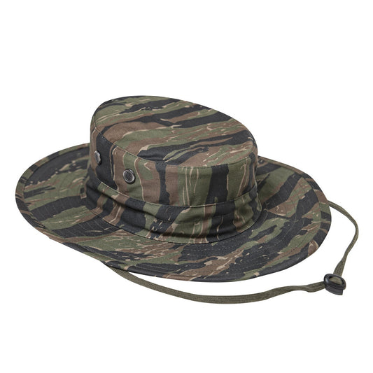 Rothco Adjustable Boonie Hat Tiger Stripe Camo Military Style Cap Offers Unbeatable Sun Protection, While Four Screened Side Vents On The Boonie Cap Offer Optimal Cooling Airflow, A Necessity For Outdoor Missions Military Hat Is Made With A Comfortable, Durable, And Breathable Cotton / Poly Blend Elastic Cord And Lock Cinches At The Crown Of This Boonie Hat, Letting You Adjust The Head Size To The Perfect Fit www.defenceqstore.com.au