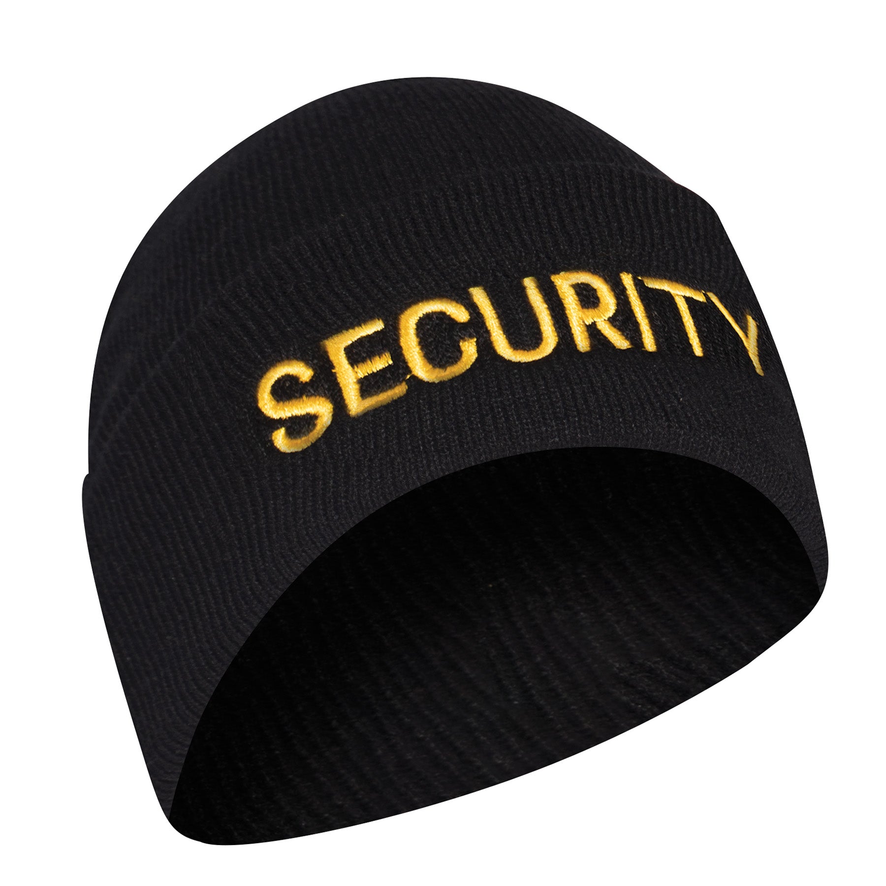 Embroidered Security Watch Cap is ideal for security and public safety personnel with a warm acrylic knit composition and gold “SECURITY” text embroidered across the front.  Black Watch Cap With Gold “SECUIRTY” Text Embroidered Across The Front Warm Yet Lightweight Acrylic Knit Composition One Size Fits Most Great For Security And Public Safety Personnel Working In Cold Weather