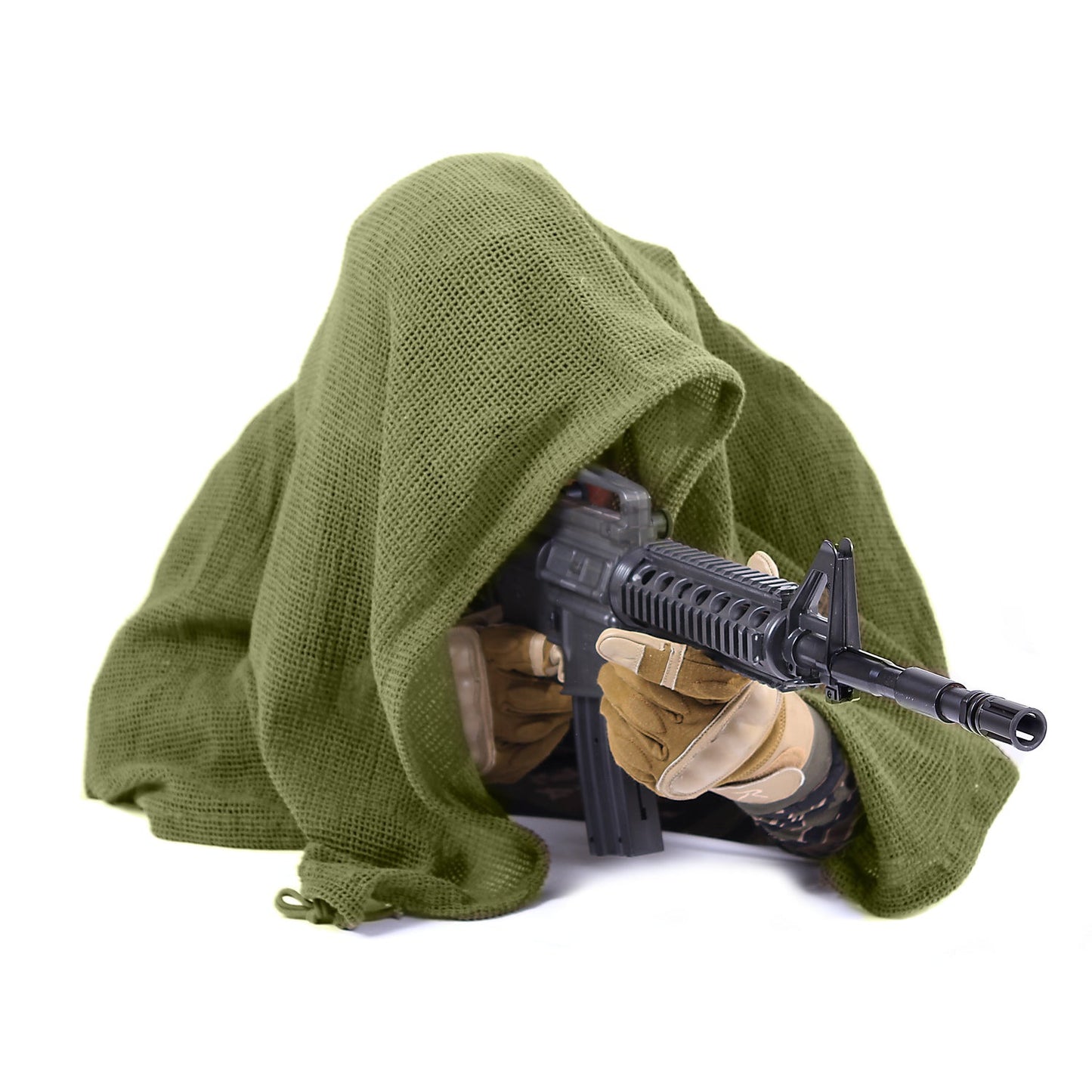 Rothco's Sniper Veil provides the perfect concealment for a sniper and their weapon. The veil measures 36" x 46" with a cinch cord running all 4 sides and cord loop at each corner that would allow you to utilize the veil as a gear hammock to keep objects off the ground or secure the veil to the body or gear. In addition to the veil concealing a weapon, it can be worn as a shemagh or scarf to protect the body from the elements.