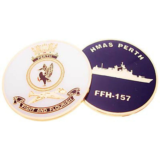 HMAS Perth medallion. This spectacular 48mm full colour enamel medallion with the ships crest on the front and ships profile on the revers, will start conversations wherever you show it or hand it out. www.defenceqstore.com.au