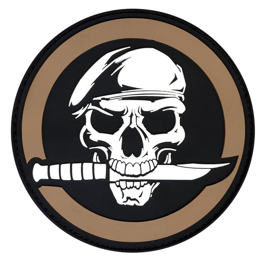 Skull and Knife Patch is a military-inspired morale patch      Military Skull And Knife Design     PVC Rubberized Material     Measures 2.75" Round And Features Hook And Loop Field On Back www.defenceqstore.com.au