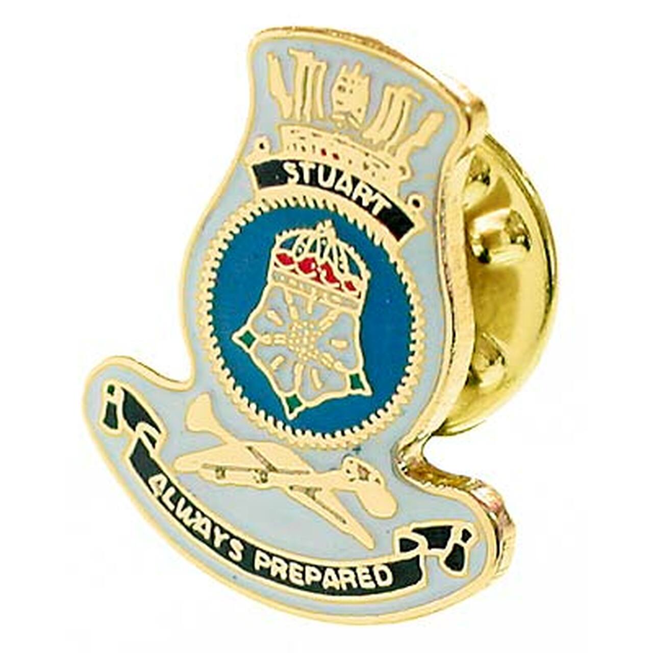 HMAS Stuart 20mm full colour enamel lapel pin. This beautiful gold plated lapel pin will look great on both you jacket or on your cap.