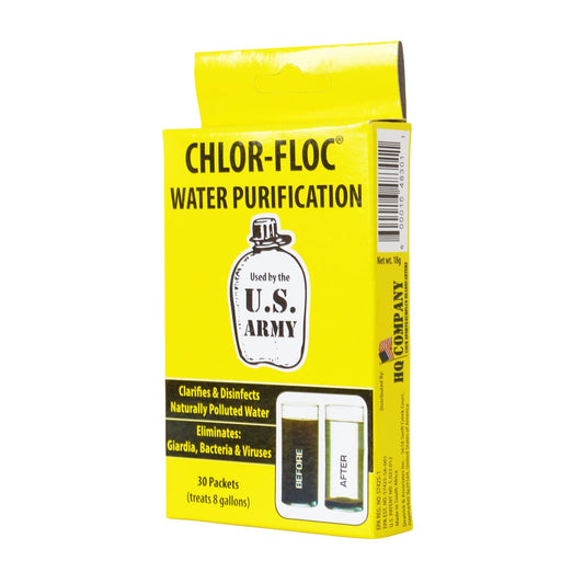 Ensure Safe Drinking Water with Military Grade Water Purification Powder. Chlor Floc Military Water Purification Powder Packets eliminate Giardia, most bacteria viruses, other harmful microorganisms, and sediment. Great for military personal, campers, and preppers.