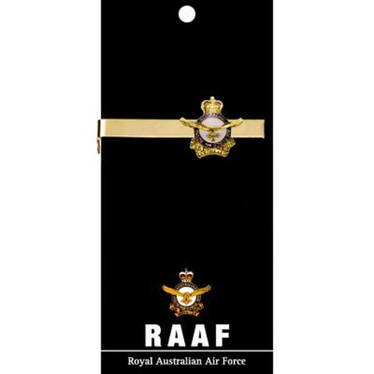 Air Force 20mm full colour enamel tie bar. Displayed on a presentation card. This beautiful gold plated tie bar looks great on both work and formal wear.