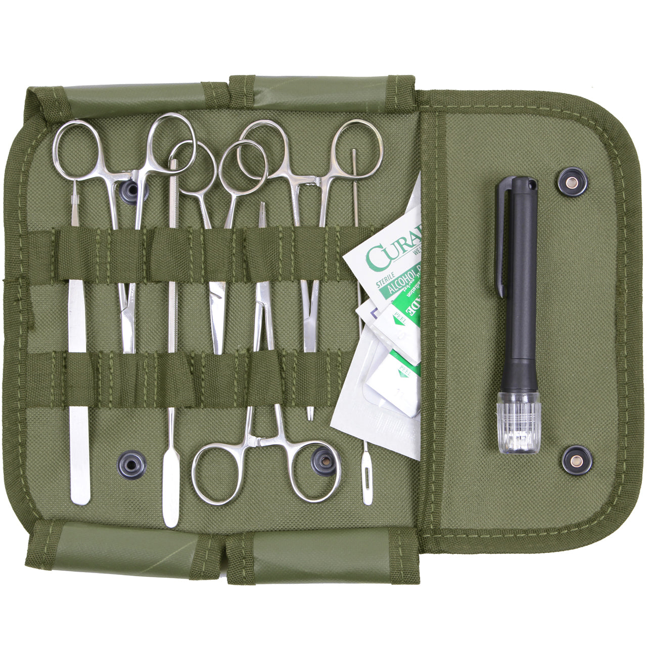 Rothco's compact and convenient Military Surgical Kit is small enough to fit in any backpack or first aid kit. This emergency kit features essential medical tools for field triage including several scalpel blades and disinfectant wipes organized in a durable nylon pouch. www.defenceqstore.com.au