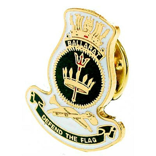 HMAS Ballarat 20mm full colour enamel lapel pin.  This beautiful gold plated lapel pin will look great on both you jacket or on your cap.