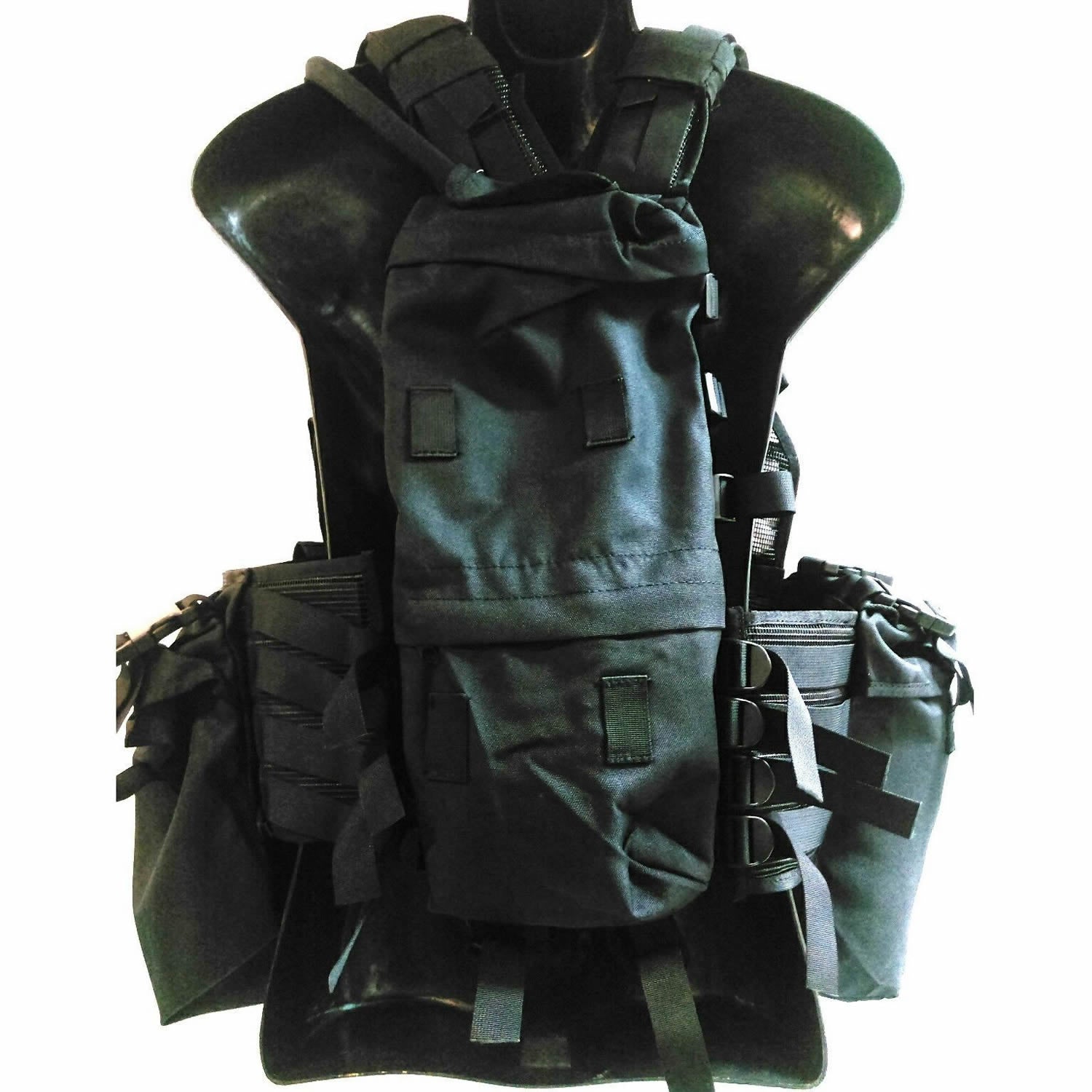 Based on the South African Military Vest  Fully adjustable shoulders  Multiple pockets  Hydration bladder pouch  Multiple ammunition pouches  Heavy duty 900D coats PU fabric  Weight: 1.45kg