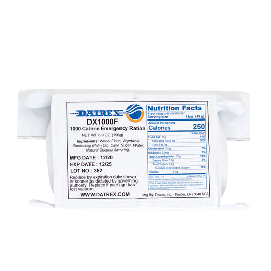     4 Individually Wrapped 250 Calorie Bars (1000kcal Per Package)     Bring On The Go Or Store In Your Bug Out Bag For High Energy/Ready To Eat Food Whenever It May Be Needed     Emergency Food Ration Contains All Natural Ingredients/No Preservatives     Each Pack Has A 5 Year Shelf Life Making It A Long Lasting Survival Product     Pack Dimensions: 2.75” X 1.25” X 3.75”     Peanut Product Free / Non-GMO     Baked And Packaged In America At FDA Certified Facilities