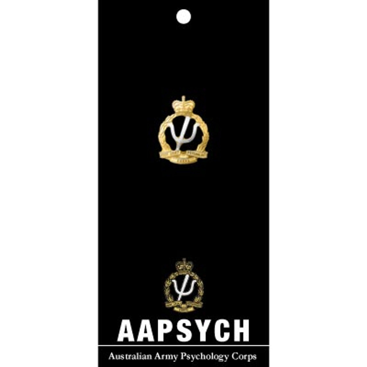 Australian Army Psychology Corps (AA PSYCH) 20mm full-colour enamel lapel. Displayed on a presentation card, this beautiful gold-plated lapel pin looks great on both jackets or caps. Add this lapel pin to your collection today.  Specifications:  Material: Full-colour enamel, gold-plated zinc alloy Colour: Black, gold, silver Size: 20mm www.defenceqstore.com.au