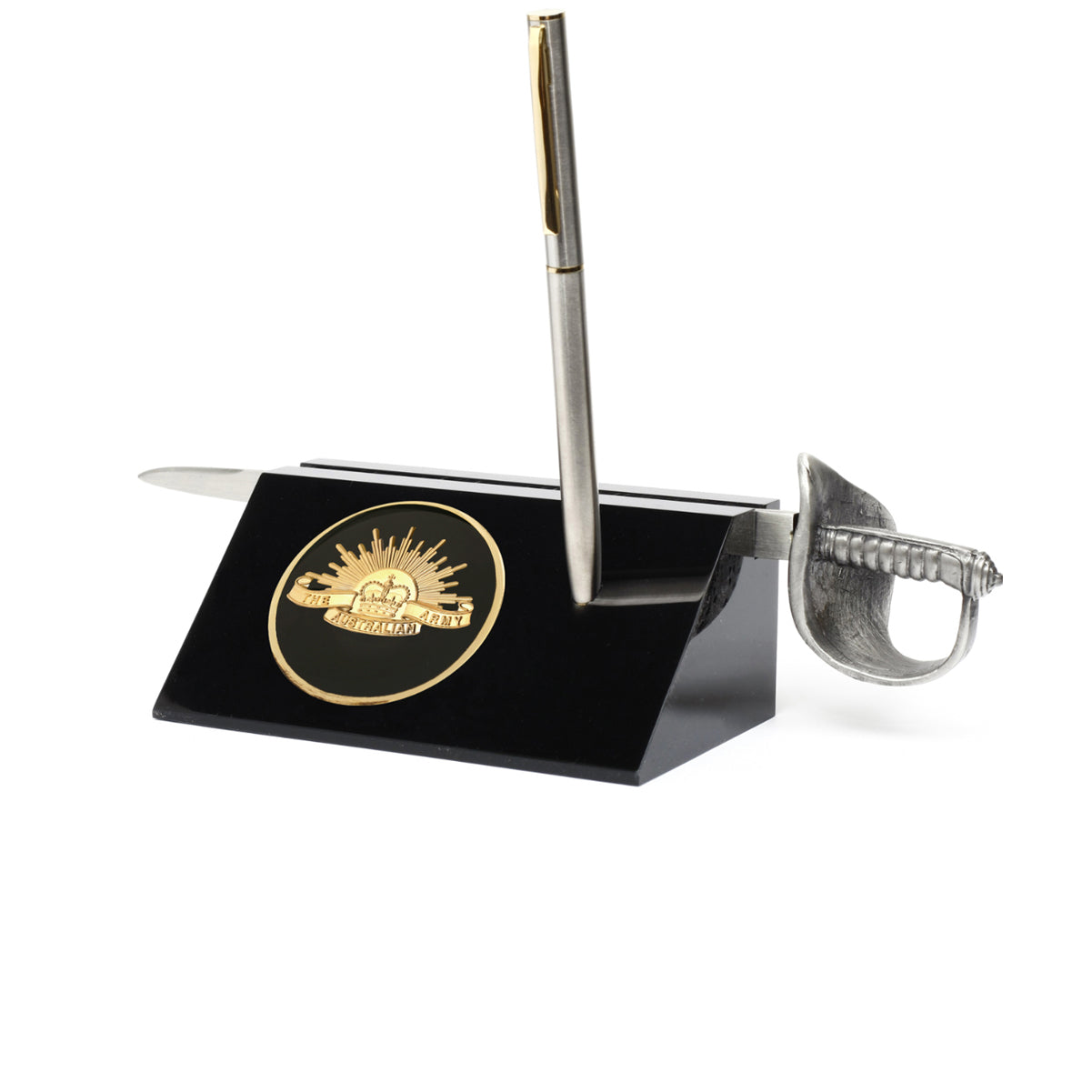 Army Medallion in a stylish acrylic desk stand with a quality pen and Army sword letter opener. Presented in a silver gift box with a clear lid, this is the perfect gift to put on the desk at work or at home.