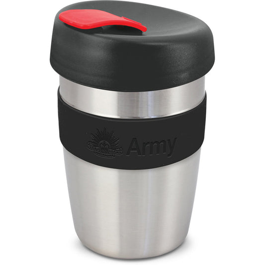 Subtly embossed with the Army brand this stylish 350ml double walled reusable coffee cup will keep your drinks hot for longer and remain cool to hold. It has a heat resistant silicone band a secure on lid with a splash proof flip closure. The cup has a stainless steel outer wall and the inner wall, lid and flip closure re manufactured from polypropylene. All the materials used are BPA-free. 