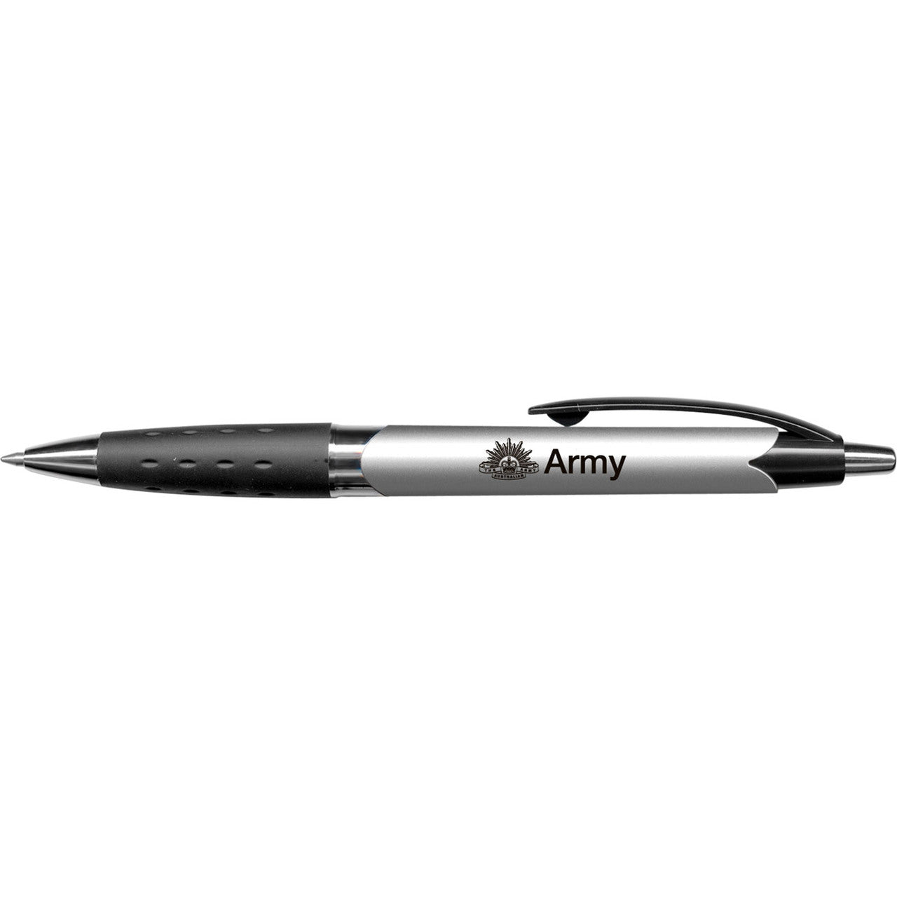 Army branded retractable plastic and metal ball pen with a metallic barrel and a soft rubber grip. It has a blue refill with 1200 metres of writing ink. Great promotional pen ideal for conferences and events