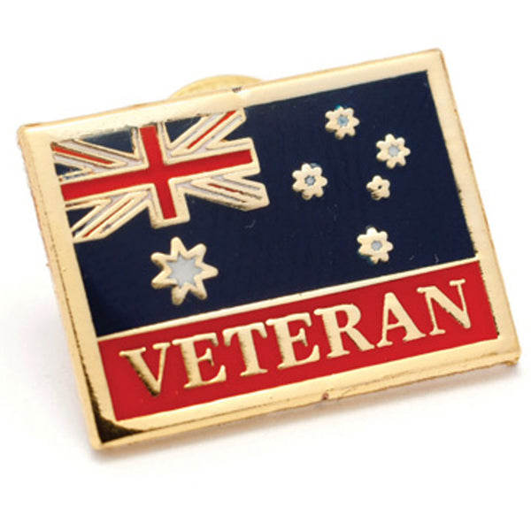 Honour service with this beautiful Army Veteran Flag Badge. A wonderful lapel pin for veterans, this gold-plated lapel pin with full-colour enamel features the word 'Veteran' along the bottom. Add this sensational badge to your lapel or collection today.  Specifications:  Materials: Gold-plated zinc alloy, full-colour enamel overlay Colours: Gold, blue, red Size: Approx. 25mm www.defenceqstore.com.au